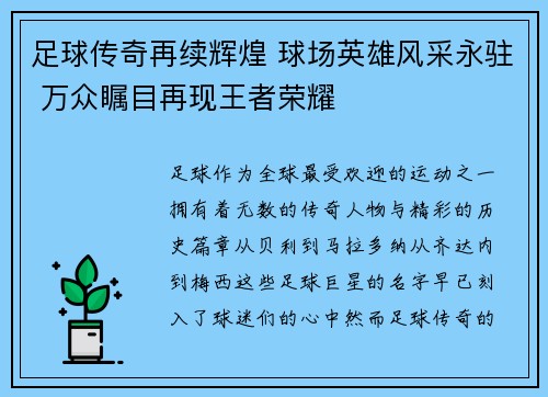 足球传奇再续辉煌 球场英雄风采永驻 万众瞩目再现王者荣耀